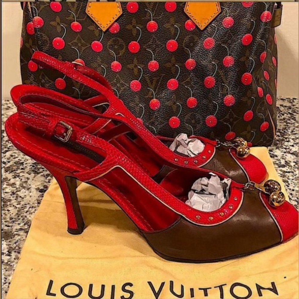 Pre-Loved RARE Louis Vuitton “Cherry Cerises” Leather Sling-backs y2k